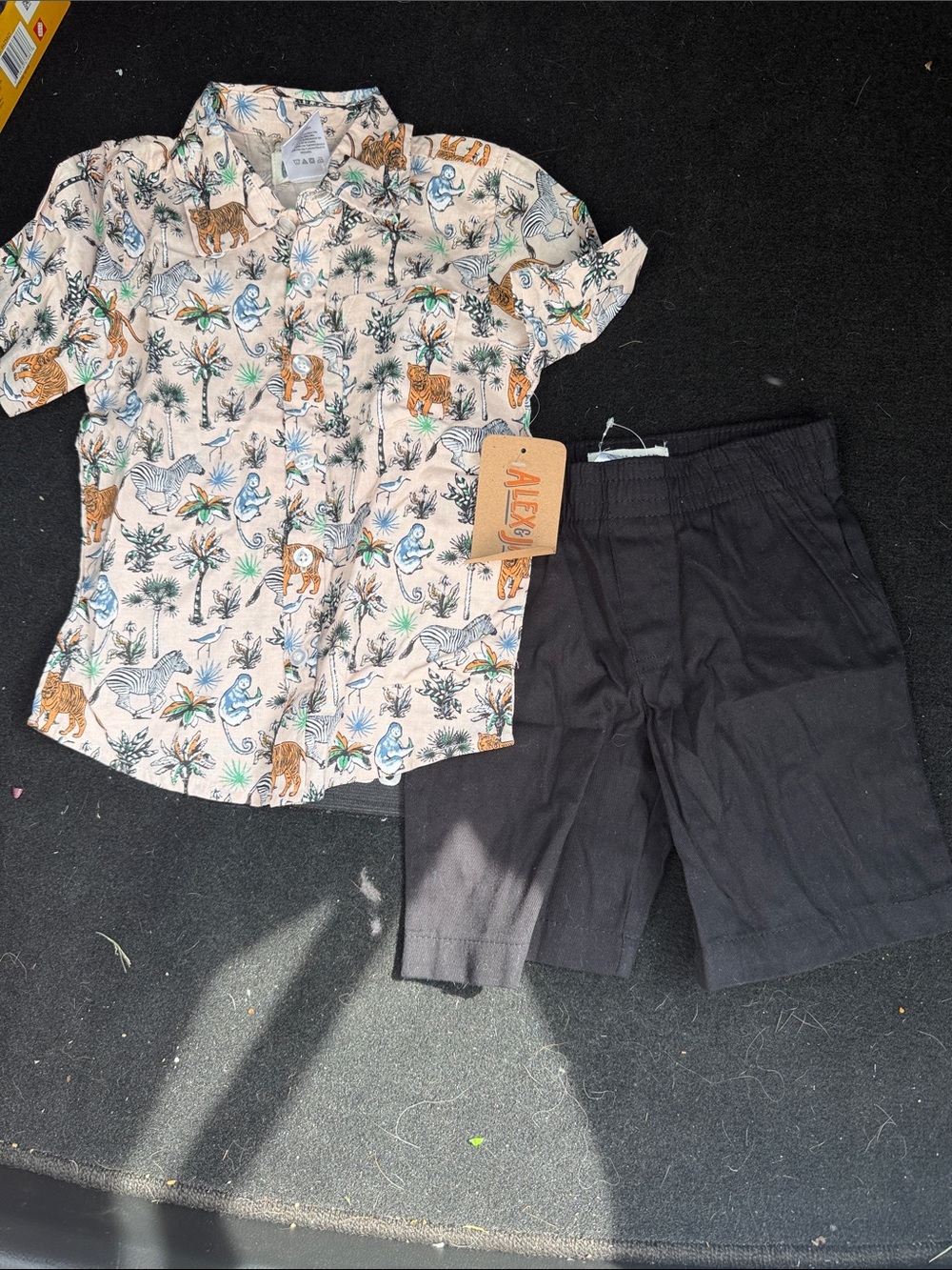 Kids Tropical Animal Button-Up Shirt and Black Shorts Set